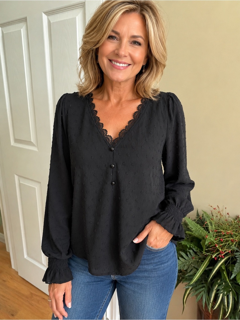 SHEIN Black Swiss Dot Lace Trim Blouse – Size Medium